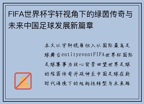 FIFA世界杯宇轩视角下的绿茵传奇与未来中国足球发展新篇章